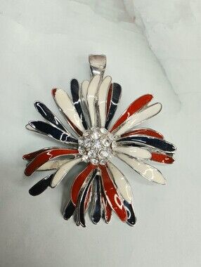 RMN Red White Blue Enamel Flower Pendant Necklace 20" Rhinestone Magnetic Enhanc